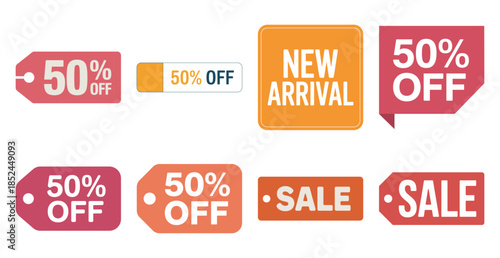 A collection of colorful sale, discount, and new arrival vector labels