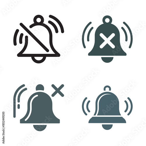 Notification bell icons set featuring silent mode and ringing variations