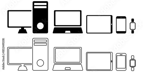 Set of device icon computer, laptop, tab, phone, smartwatch vector for tech layouts. Ideal for responsive web design, digital gadgets, and mockups.
