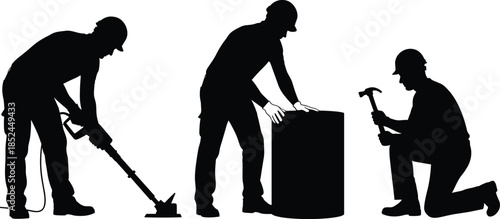 Black silhouette of construction workers using jackhammer, moving industrial barrel, and kneeling with hammer, professional builder icons isolated on white background.
