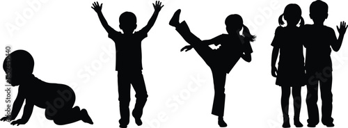 Collection of children silhouettes in different stages of growth, crawling baby, cheering boy, girl kicking, and young friends hugging, vector illustration, isolated.