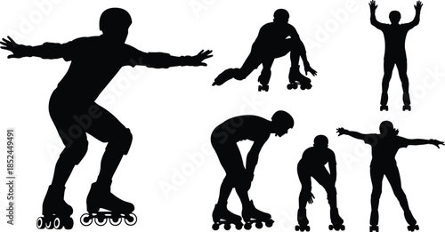 Collection of roller skater silhouettes featuring athletes on inline skates and quad skates, performing various stunts, racing poses, and active outdoor fitness maneuvers