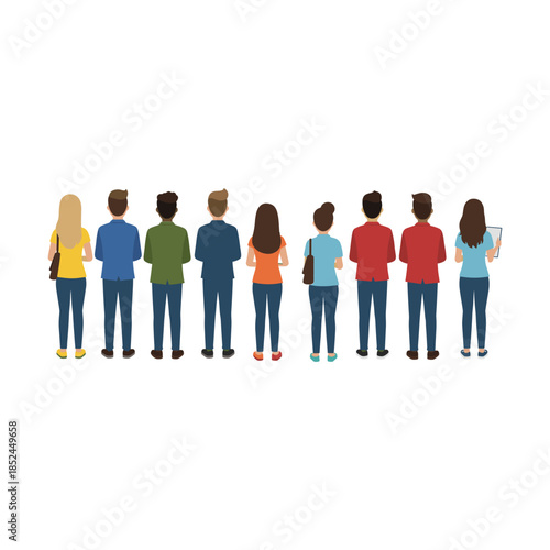 Group of diverse people standing together in a line, rear view.