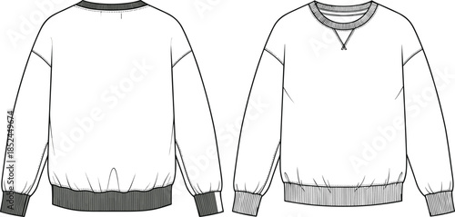 Oversized Raglan Sleeve Crew Neck Sweatshirt Technical Fashion Sketch Vector Template: Front and Back View CAD Flat Drawing for Casual Knitwear Apparel Mockup and Specification