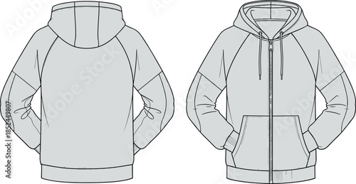 Full zip-up hoodie technical fashion flat sketch vector template with raglan sleeves and kangaroo pockets.