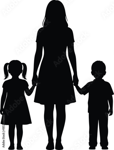 Full-length black silhouette of happy family walking together, father, mother, and small young child holding hands, representing love, bonding, and secure childhood concept, isolated on white.