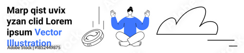 Mindfulness, financial wellness, meditation, balance, relaxation, wellness lifestyle. Woman meditating in lotus pose, coin and cloud drawing. Mindfulness and financial wellness concepts