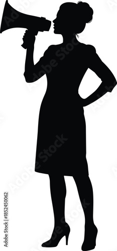 Full-length black silhouette of strong businesswoman holding a megaphone, representing communication, protest, announcement, leadership, and public speaking concept, isolated on white.