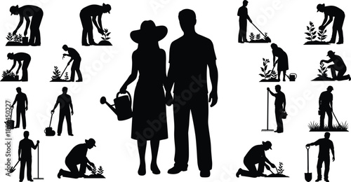 Gardening silhouettes set, farming couple, people working with plants, watering planting tools, outdoor agriculture lifestyle vector illustration collection nature rural teamwork concept