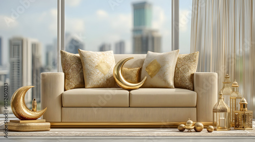 Fresh color tones enrich a bright living room interior during Eid al-Fitr