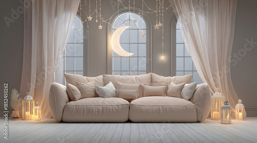 Warm festive accents enhance a bright living room interior for Eid al-Fitr