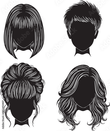 Set of black female hairstyle silhouettes with various trendy white hair textures