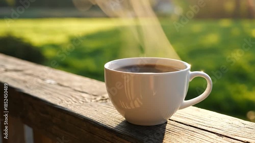 A white coffee mug filled with coffee on a wooden deck, steam rising. Blurred green background
