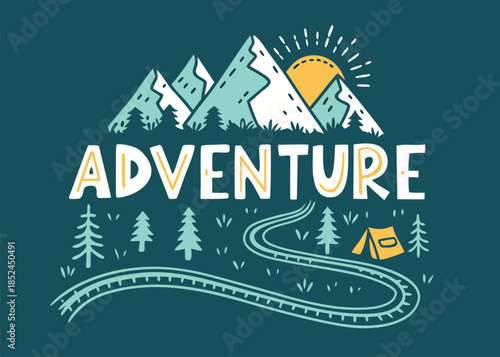 Inspiring adventure awaits with mountains, trees, a tent, and a winding path under the sun, perfect for travel blogs and outdoor-themed designs