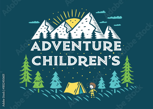 Inspiring children's adventure logo with mountains, trees, and camping scene, perfect for outdoor education, summer camps, and nature exploration programs