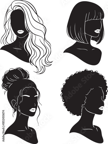 Trendy black female silhouettes with elegant hairstyles and white details on white
