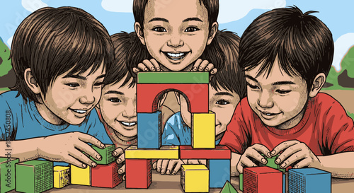 A group of happy young Asian boys joyfully collaborates to construct a vibrant structure using colorful wooden building blocks, fostering teamwork and creativity.