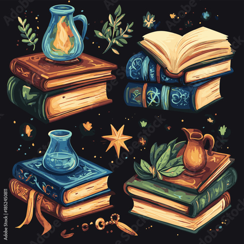 A set of books with magic spells, witchcraft, curses