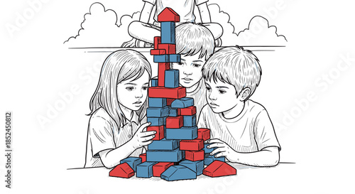 Three focused children collaborate intently, carefully constructing a towering edifice of colorful building blocks, fostering teamwork and problem-solving skills.