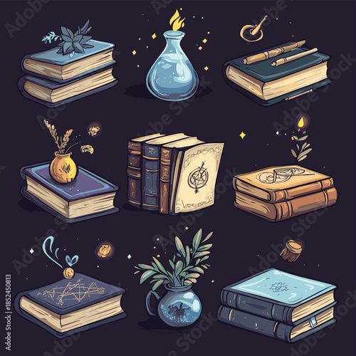 A set of books with magic spells, witchcraft, curses