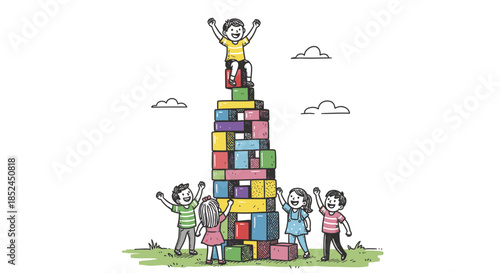 A joyful group of diverse children collaborates to construct an impressive, colorful block tower, celebrating collective achievement and playful success.