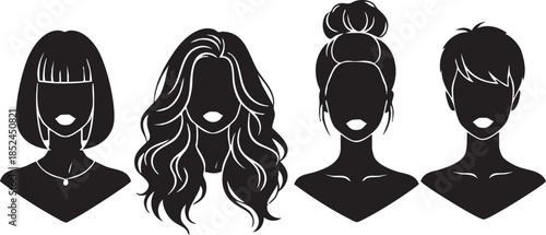Trendy black female silhouettes with elegant white hair textures on a white background