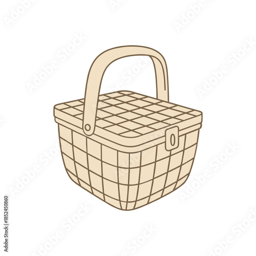 Hand drawn illustration of a classic wicker picnic basket isolated on white.