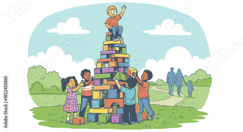 Diverse children collaboratively construct a towering structure of colorful blocks in a vibrant park, celebrating teamwork and shared achievement.