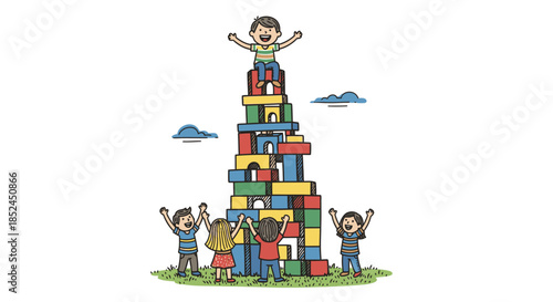 A joyful group of diverse children collaborates to construct an impressive, colorful block tower, celebrating their shared success and teamwork.