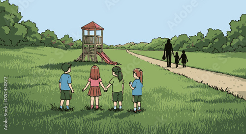 Four young children stand together in a vibrant green park, observing a distant playground structure while a family walks along a winding path under a clear sky.