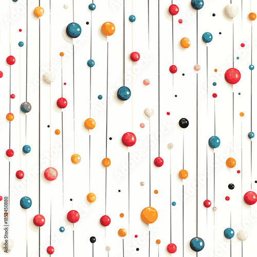 A pattern of needlework elements in the form of pins with colored beads on a white background