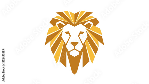 Abstract geometric golden lion head logo design, powerful and majestic animal symbol.