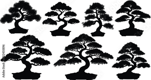 Bonsai tree silhouettes collection, Japanese miniature trees, black vector illustrations, zen garden nature art, isolated white background set