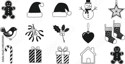 Minimalist Christmas holiday icons set featuring gingerbread snowman stockings gifts candy cane mistletoe holly ornaments black white vector illustration collection