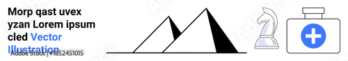 Strategic thinking, medical care, conceptual art, decision-making, health services, creative design. A pyramid, chess knight and medical jar with blue cross. Strategic thinking and medical care