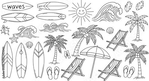 Hand Drawn Summer Beach Doodles Collection with Surfboards, Palm Trees, Ocean Waves, Sun, Tropical Leaves, Flip Flops, and Sand Lounge Chairs