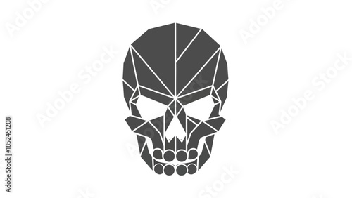 Geometric skull illustration with abstract polygonal design on a white background, representing death and mortality.