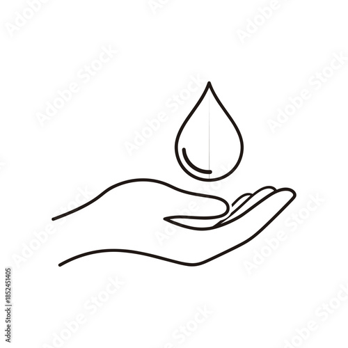 Hand holding a water drop line art illustration.