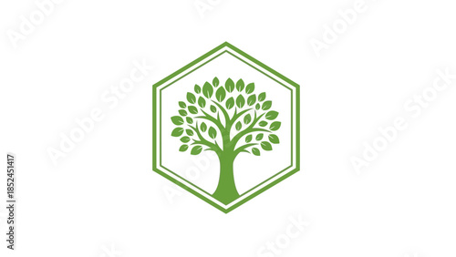 Green tree logo design inside a hexagon shape, representing nature, growth, and environmental care.