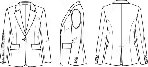 Blazer, tailored jacket, front view, side view, back view, notched lapel, button cuff, flap pocket, chest pocket, double vent, fashion sketch