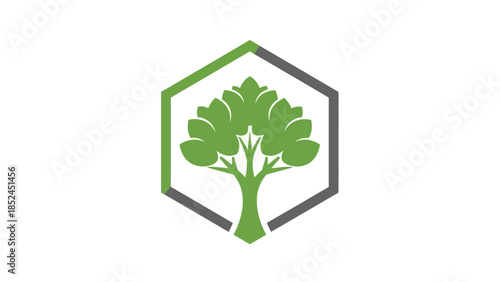 Green tree in a hexagonal frame, representing nature, growth, and environmental protection.