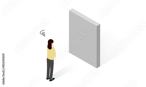Isometric illustration of a woman facing an obstacle and thinking about a problem / 障害となる壁を前に悩む女性のアイソメトリックイラスト