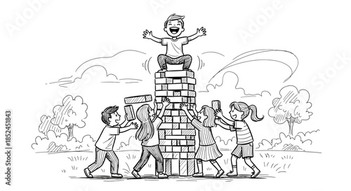 A group of diverse children joyfully collaborate to construct an impressively tall block tower, celebrating collective achievement and playful success outdoors.