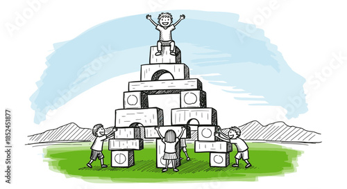 Children collaborate to build a tall block tower, with one child celebrating triumphantly at the peak, symbolizing teamwork and achievement.