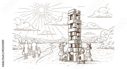 Young children collaboratively construct a towering block structure under a radiant sun, symbolizing teamwork, growth, and the future, observed by a family.