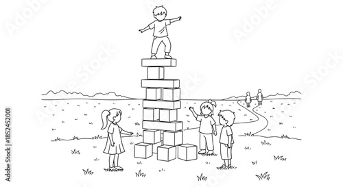 Children collaborate to build a precarious block tower outdoors, with one child confidently balancing atop the impressive structure, showcasing teamwork and playful achievement.