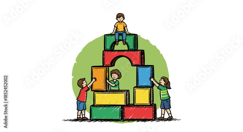 Three cheerful children are actively engaged in building a large, colorful block tower, symbolizing teamwork, growth, and playful learning.