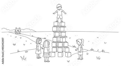 A young boy proudly stands atop a precarious stack of building blocks, symbolizing achievement and aspiration, while other children observe his elevated position.