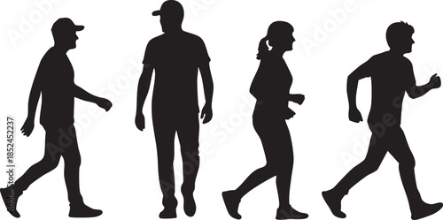 Four black silhouettes of men walking and running on a clean white background
