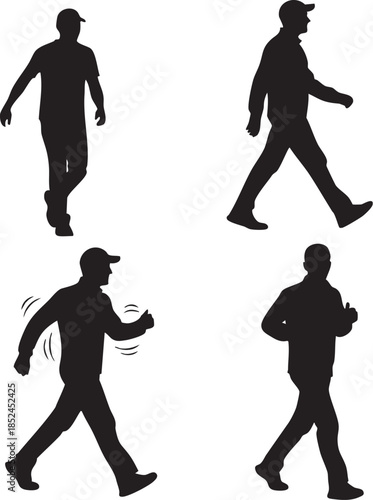Four black silhouettes of men walking and running on a clean white background
